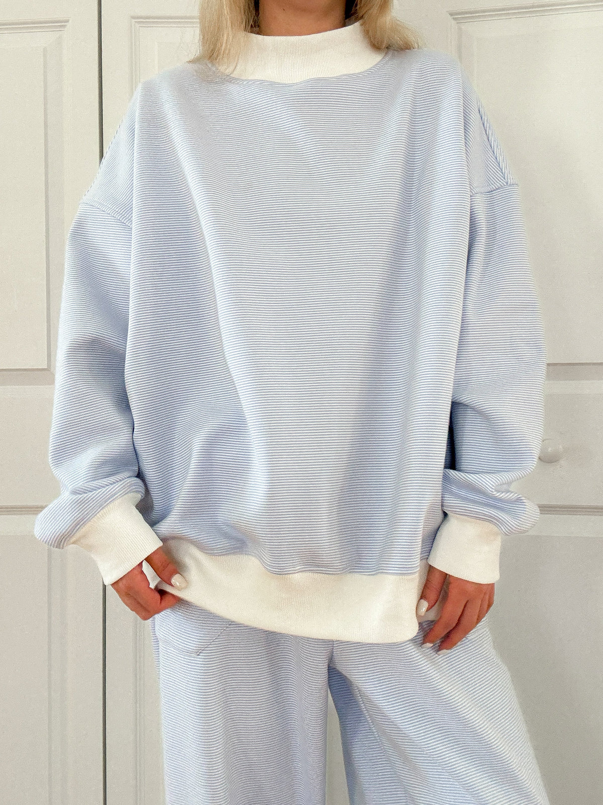 Blue and White Mini Striped Mockneck Sweatshirt – alternate view 7