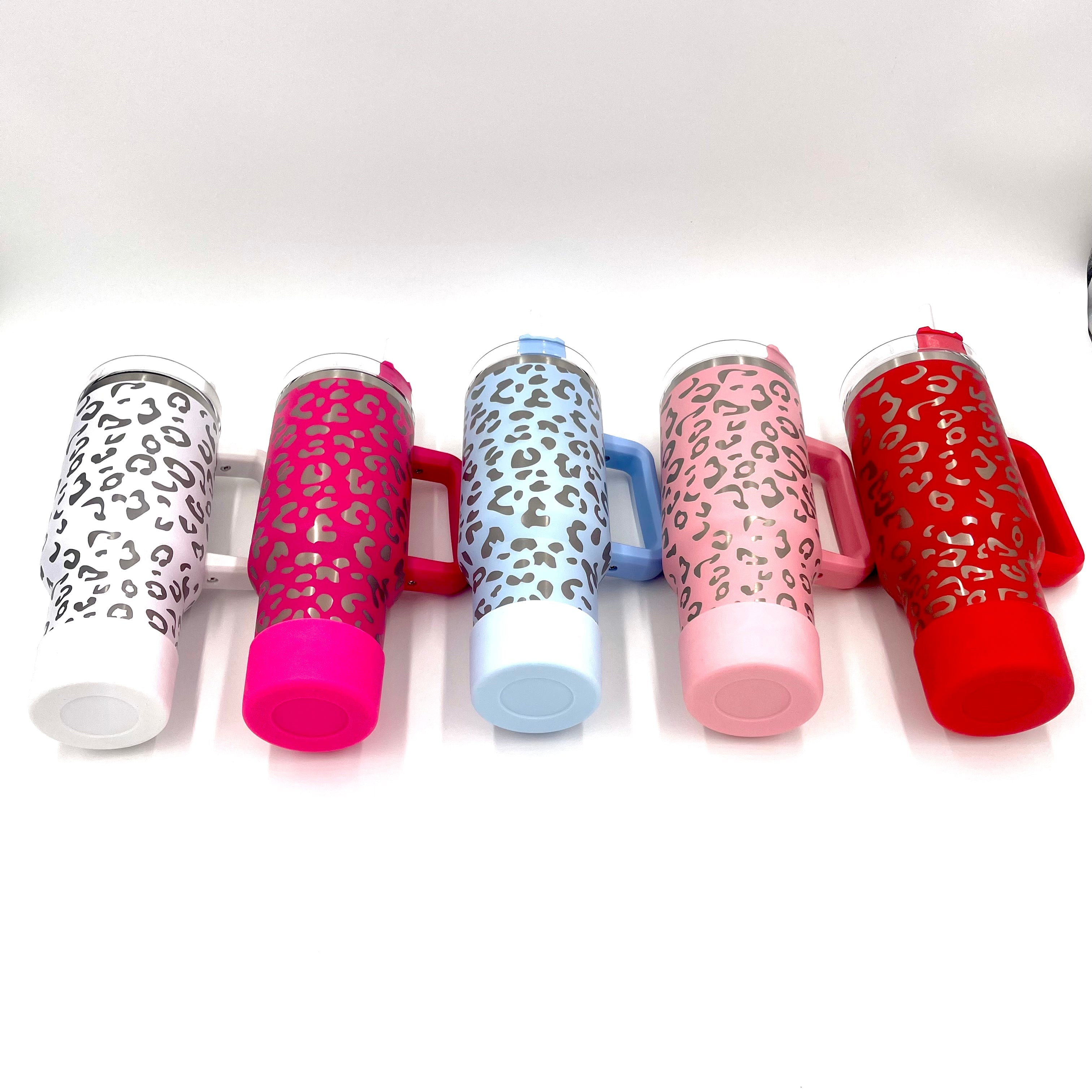 40oz Bundle Cheetah Leopard Laser Etched Stainless Tumbler with Rubber Bumper Straw cover and Spill Proof Stopper