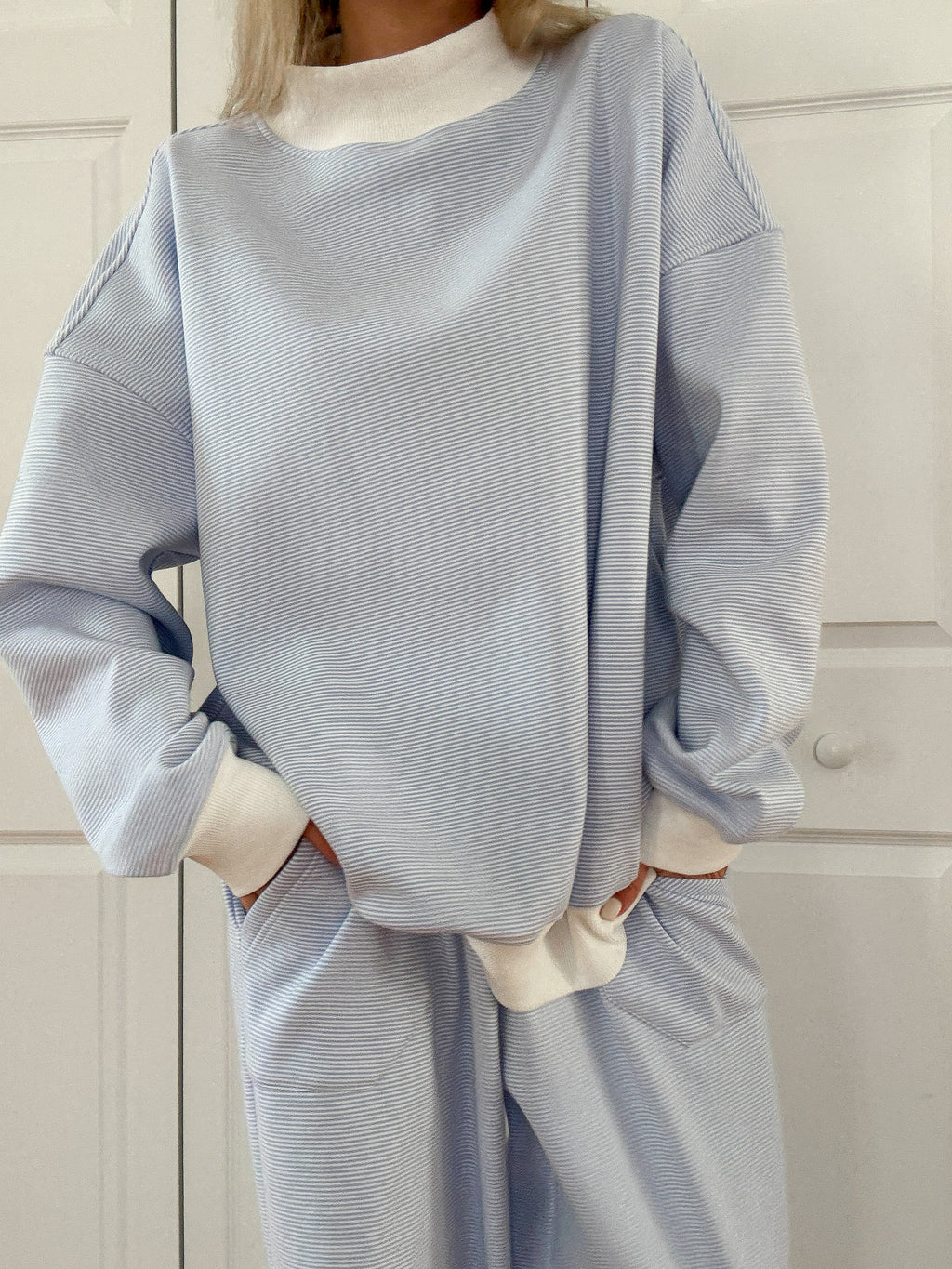 Blue and White Mini Striped Mockneck Sweatshirt – alternate view 4