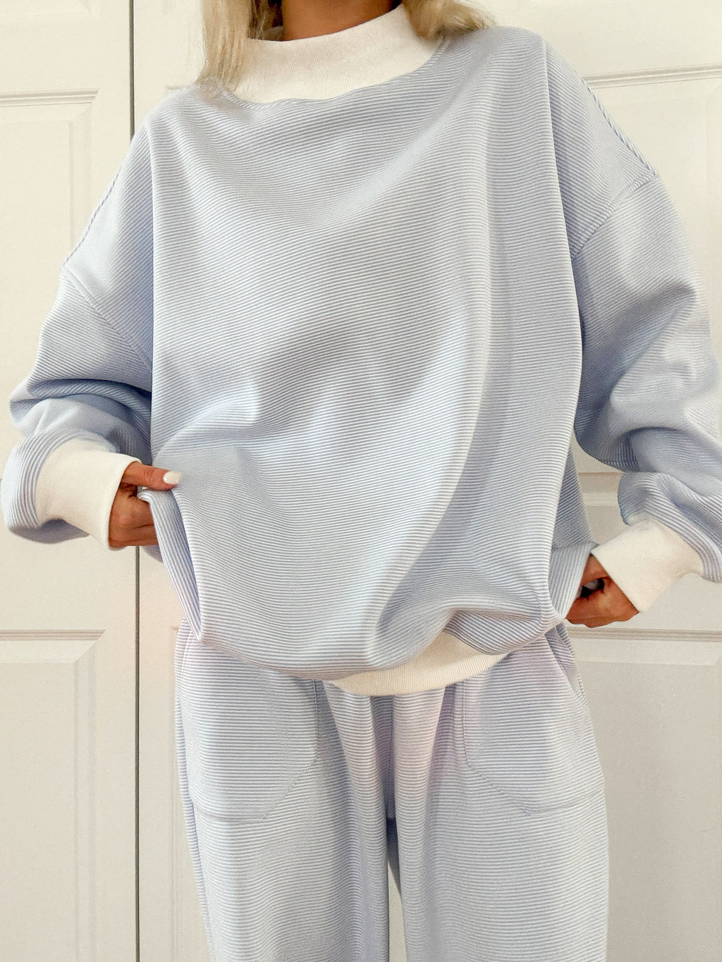 Blue and White Mini Striped Mockneck Sweatshirt – alternate view 6