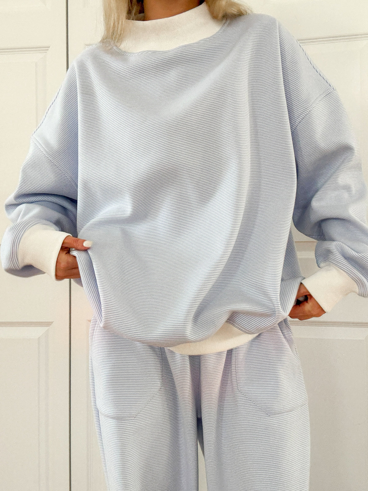 Blue and White Mini Striped Mockneck Sweatshirt – alternate view 6