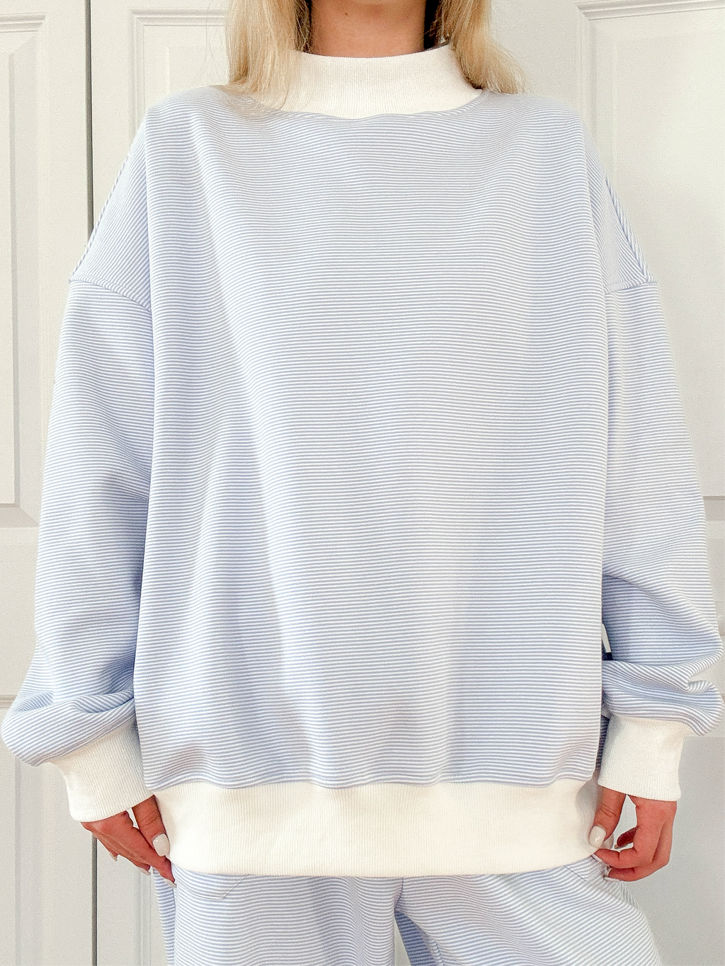 Blue and White Mini Striped Mockneck Sweatshirt – main product image