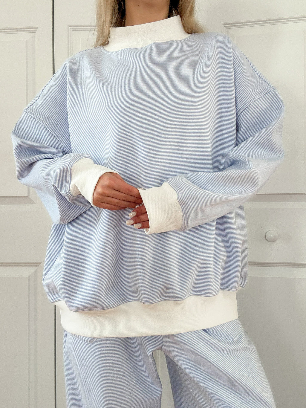 Blue and White Mini Striped Mockneck Sweatshirt – alternate view 5