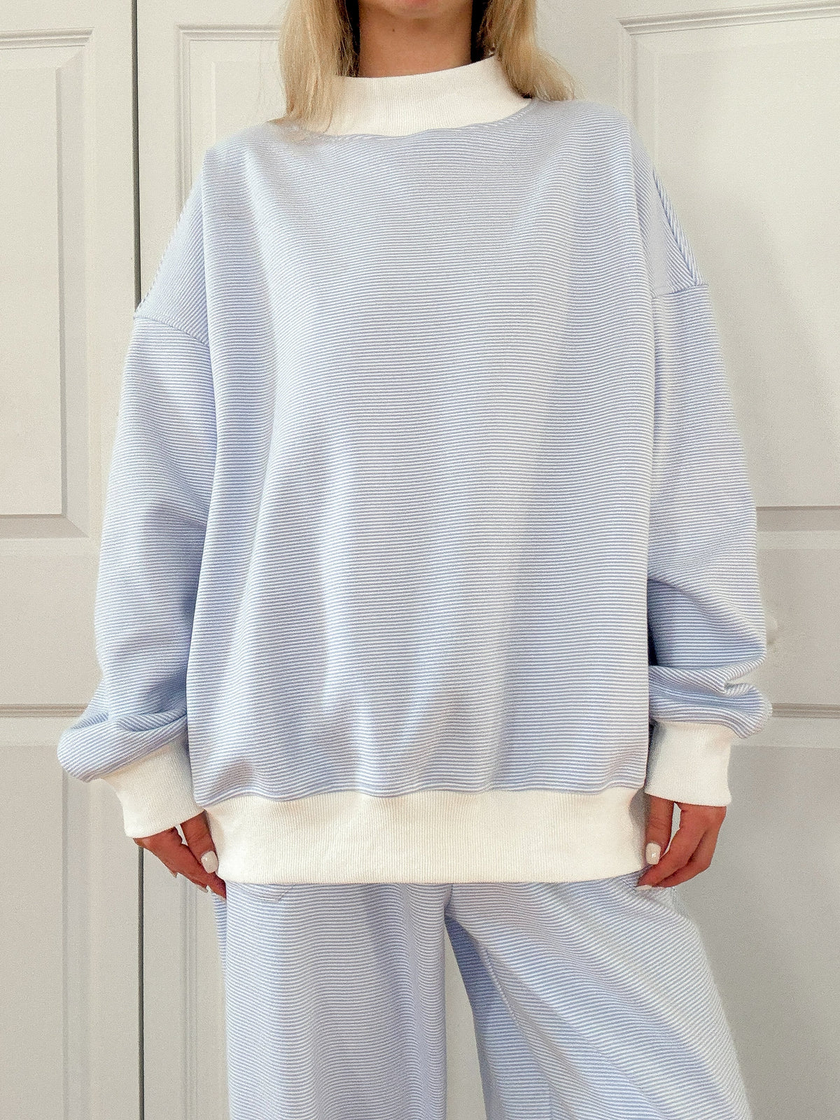 Blue and White Mini Striped Mockneck Sweatshirt – alternate view 8