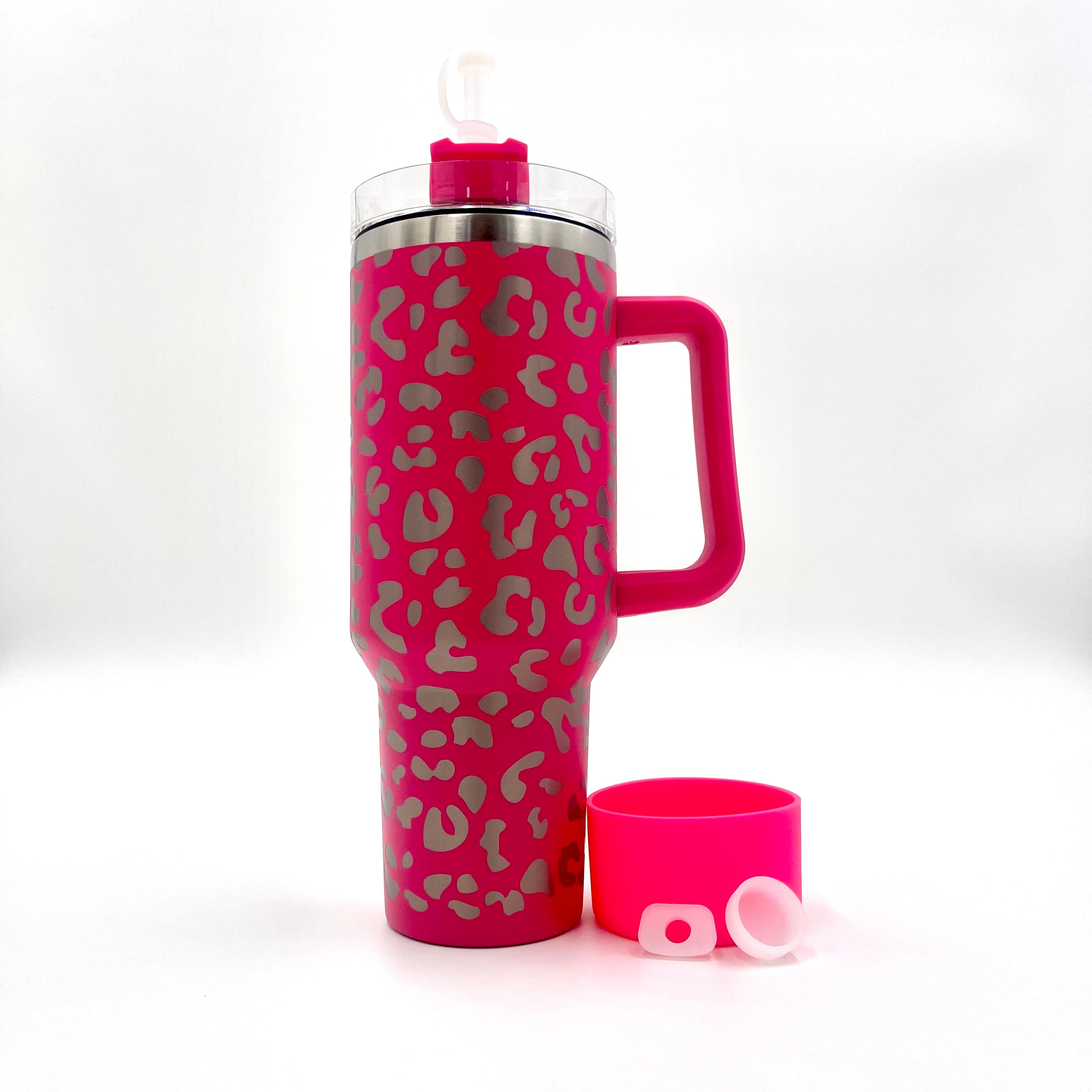 40oz Bundle Cheetah Leopard Laser Etched Stainless Tumbler with Rubber Bumper Straw cover and Spill Proof Stopper