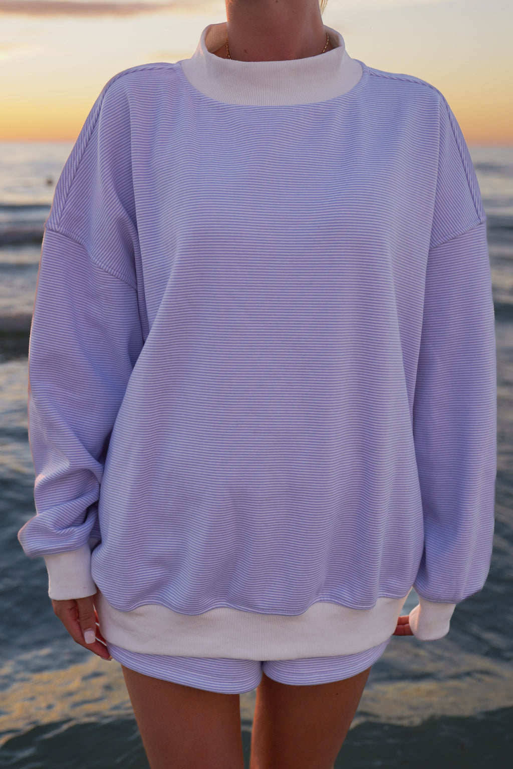 Blue and White Mini Striped Mockneck Sweatshirt – alternate view 22