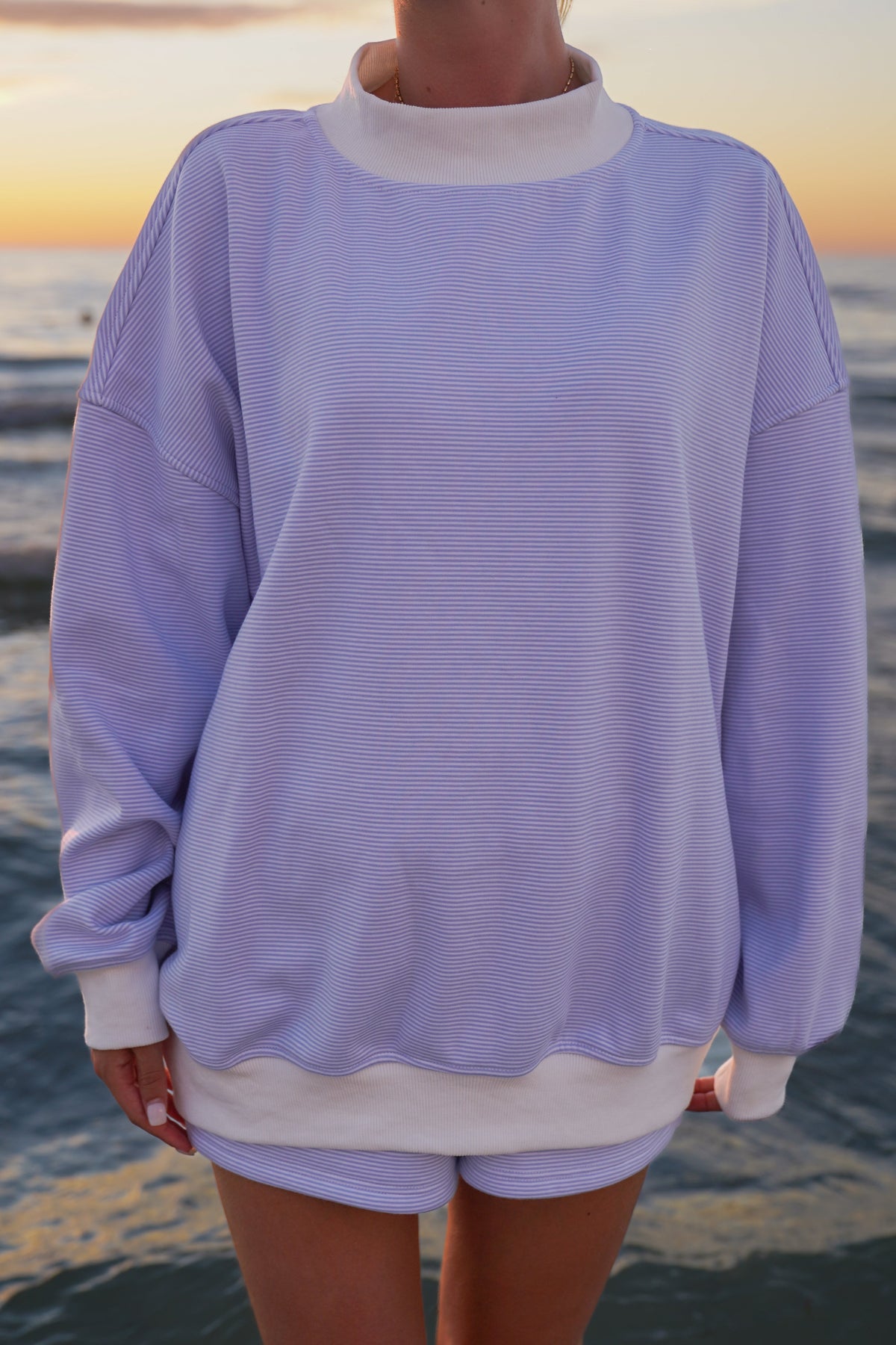 Blue and White Mini Striped Mockneck Sweatshirt – alternate view 22