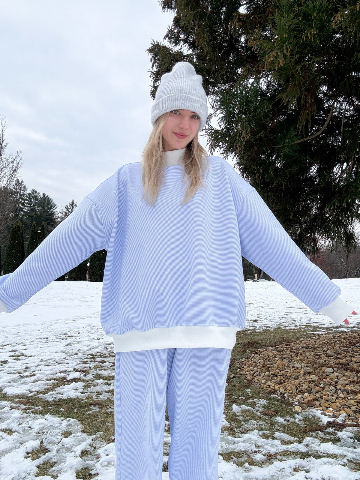 Blue and White Mini Striped Mockneck Sweatshirt – alternate view 13